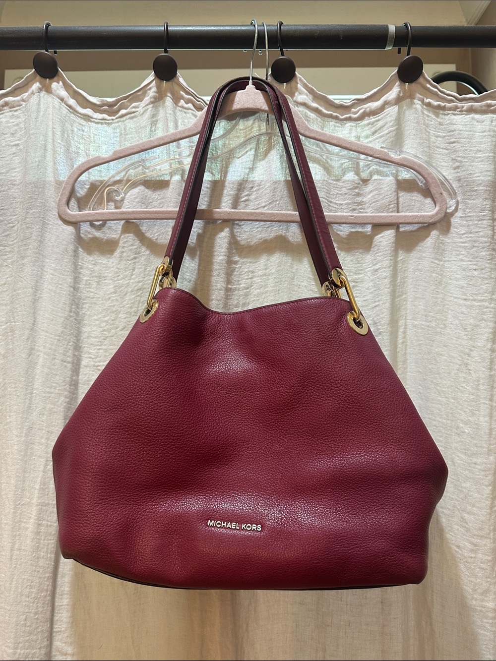Michael Kors Wine Pebbled Leather Shoulder Tote with Gold Hardware